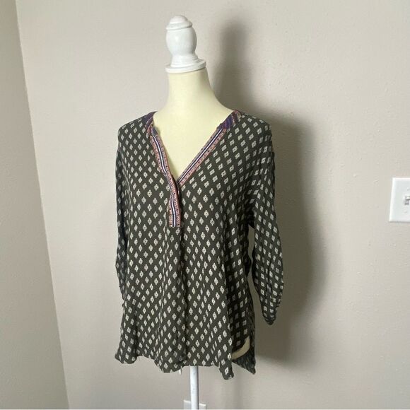 Angie Boho Casual Mixed Media Popover Roll Tab Sleeve Blouse Women's Size Small - Picture 10 of 15